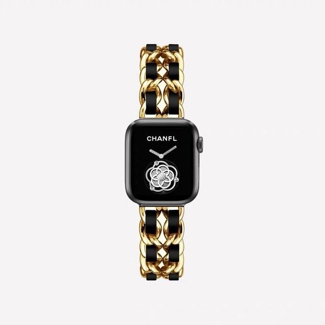 Watchbands Gold Black / 38mm or 40mm Leather & Steel Bracelet For Apple Watch Band Series 6 5 4 Ladies Luxury Metal Strap iWatch 38mm 40mm 42mm 44mm Wristband |Watchbands|
