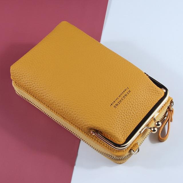Top-Handle Bags yellow style 4 New Women Purses Solid Color Leather Shoulder Strap Bag Mobile Phone Big Card Holders Wallet Handbag Pockets for Girls|Top-Handle Bags|