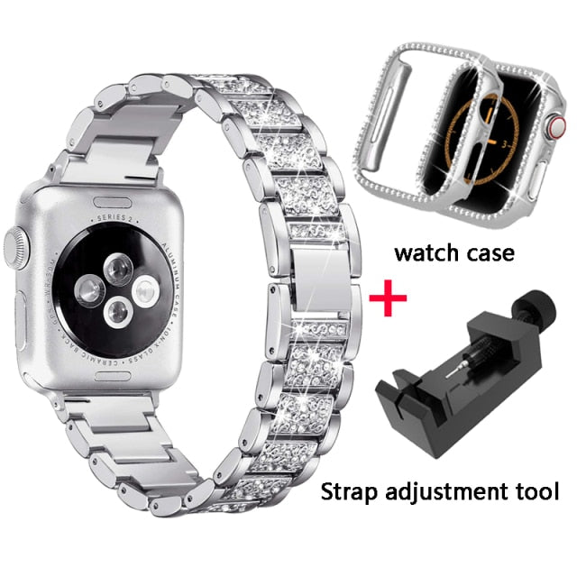 Metal Diamond strap + case For Apple Series 7 6 Bumper bracelet Correa