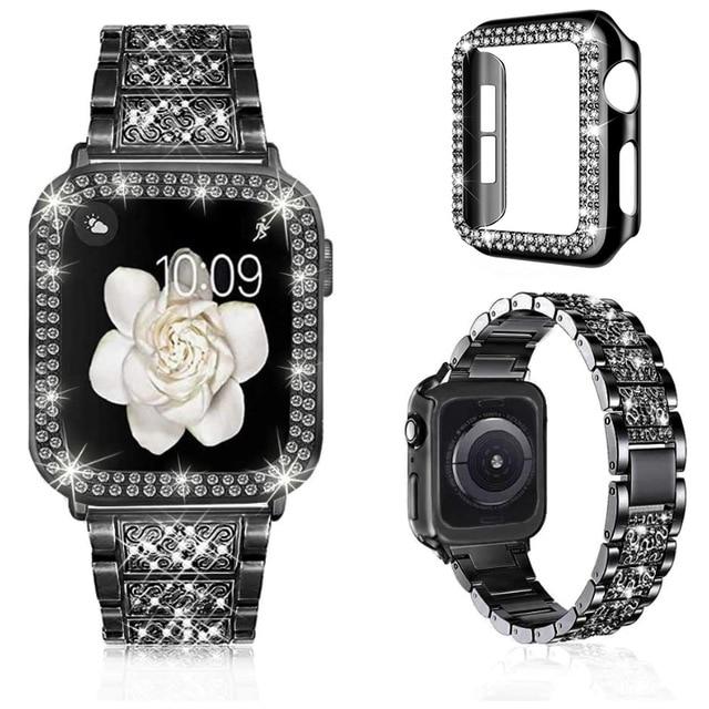 Watchbands black band-case / 38mm Women Strap For Apple Watch Band 38mm 40mm 42mm 44mm Jewelry Bling Diamond Band+Protective Case for iWatch SE Series 6 5 4 3 2|Watchbands|