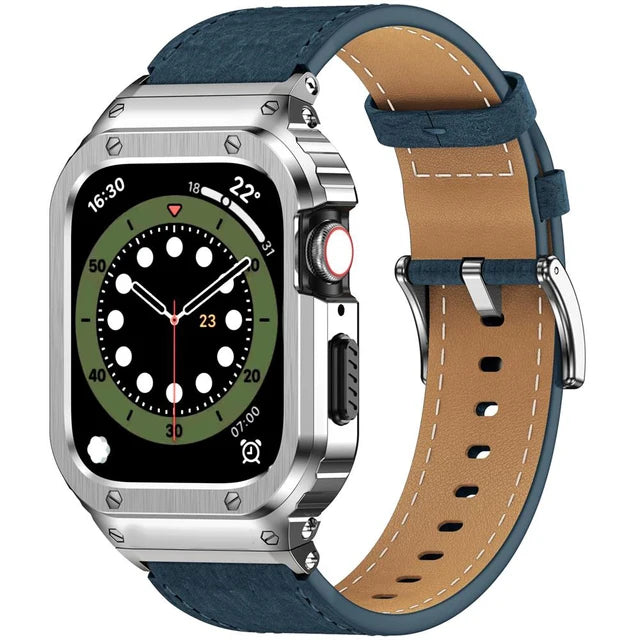 Metal Case+Genuine Leather Strap For Apple Watch Band 49mm 44mm 45mm 40mm 41mm correa bracelet iwatch series se 4 5 6 7 8 ultra