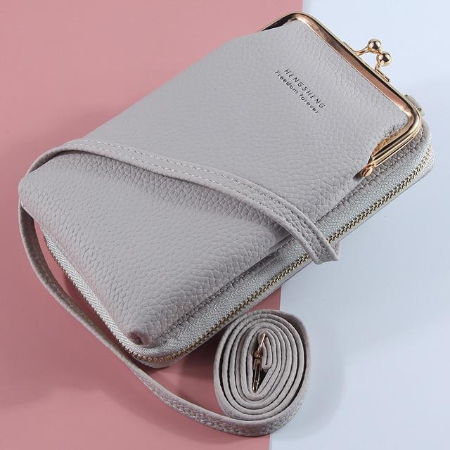 Top-Handle Bags grey style 4 New Women Purses Solid Color Leather Shoulder Strap Bag Mobile Phone Big Card Holders Wallet Handbag Pockets for Girls|Top-Handle Bags|