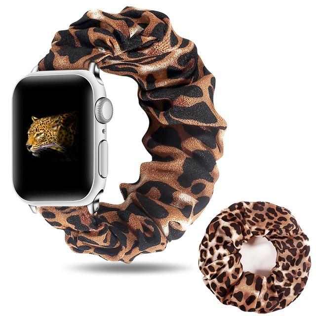 Watchbands Leopard with ring / 42mm/44mm New Summer Scrunchie Elastic Strap for Apple Watch 38 40 42 44mm Women Chiffon Band for Iwatch Series 5/4/3/2/1 Wrist Bracelet Watchbands