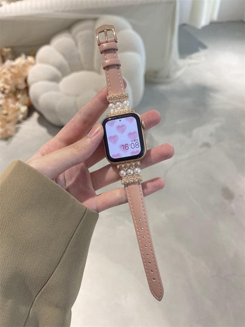 Jewelry band For Apple Watch Series ultra-8-7-6-5-4-3-SE 49mm 45mm 41mm 38-42-40-44mm Women Luxury diamond Leather iWatch strap