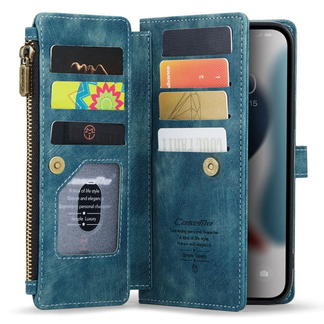 2021 CaseMe Leather Case For iPhone 11 12 13 Pro XR XS Max Zipper Wallet 2 In1 Design 7 8 SE 2020 Card Slots Phone Cover|Wallet Cases|