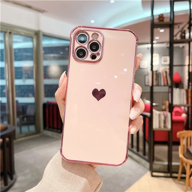 Electroplated Love Heart Soft Phone Case For iPhone 13 12 11 Pro Max XS X XR 7 8 Plus 13 12 Mini SE 2020 Shockproof Bumper Cover|Phone Case & Covers|