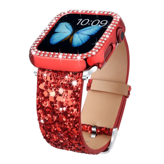 Strap For Apple Watch band 38mm Leather Bling band with case for iwatch Series 6 se 5 4 3 2 Bracelet Shiny Glitter correa|Watchbands|