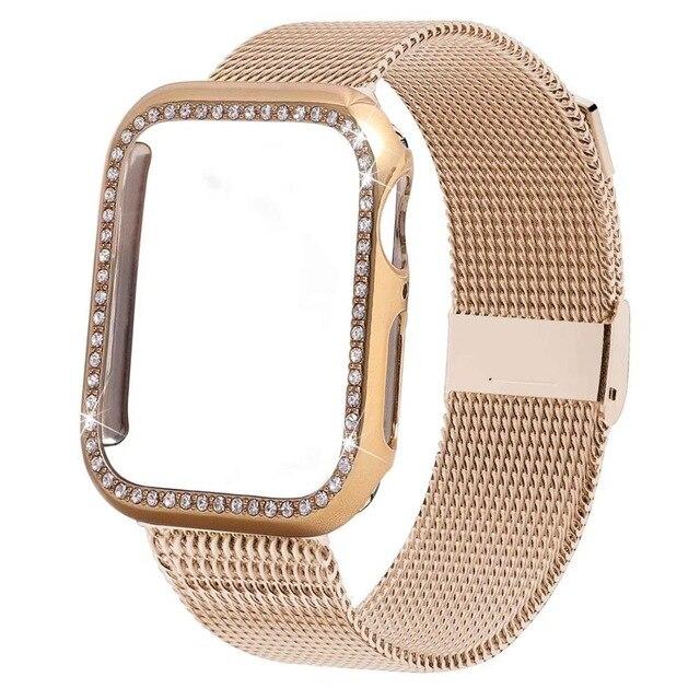 Watchbands gold / For apple watch 38mm Bling Case+strap for Apple Watch band 44 mm 40mm iWatch band 42mm 38mm stainless steel bracelet Milanese loop Apple watch 4 3 21|Watchbands|