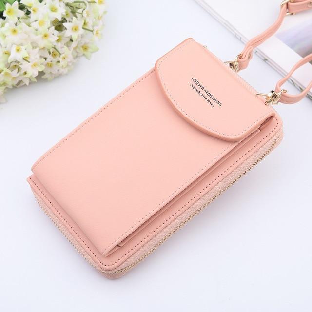 Top-Handle Bags pink New Women Purses Solid Color Leather Shoulder Strap Bag Mobile Phone Big Card Holders Wallet Handbag Pockets for Girls|Top-Handle Bags|