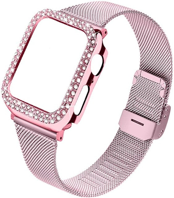 Strap & bling Case For Apple Series 8 7 44mm 45mm Milanese Steel Metal