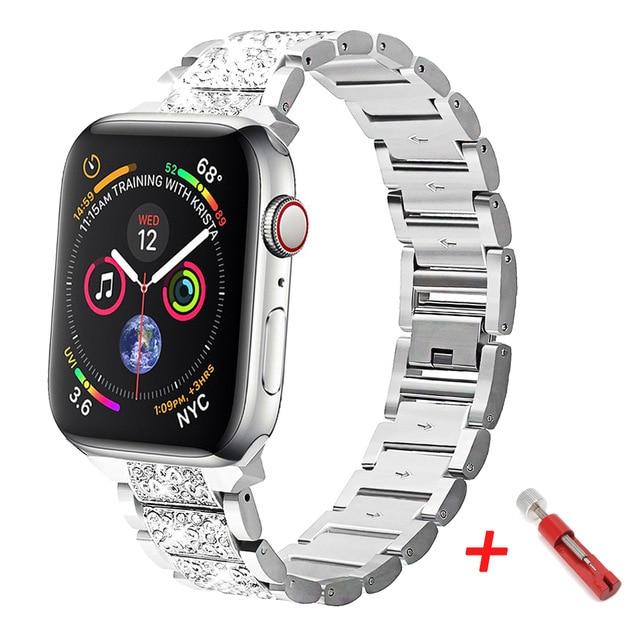 Watchbands silver 1 / 38mm Diamond Case+strap for iwatch band 42mm 38mm Stainless Steel bracelet correa apple watch 5 4 3 2 case+apple watch band 44mm 40mm|Watchbands|