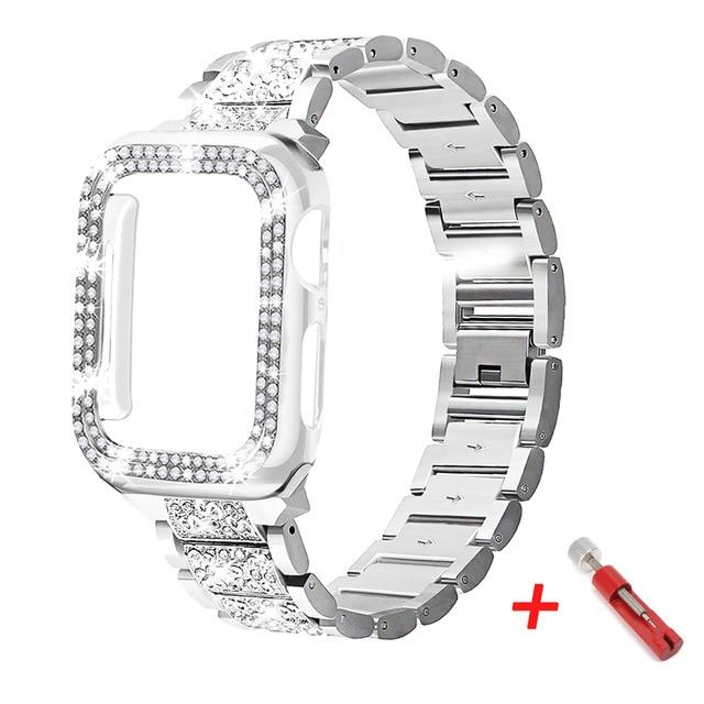 Watchbands Silver with case / 38mm Diamond Case+strap for iwatch band 42mm 38mm Stainless Steel bracelet correa case+for apple watch band series 5 4 3 44mm 40mm|Watchbands|