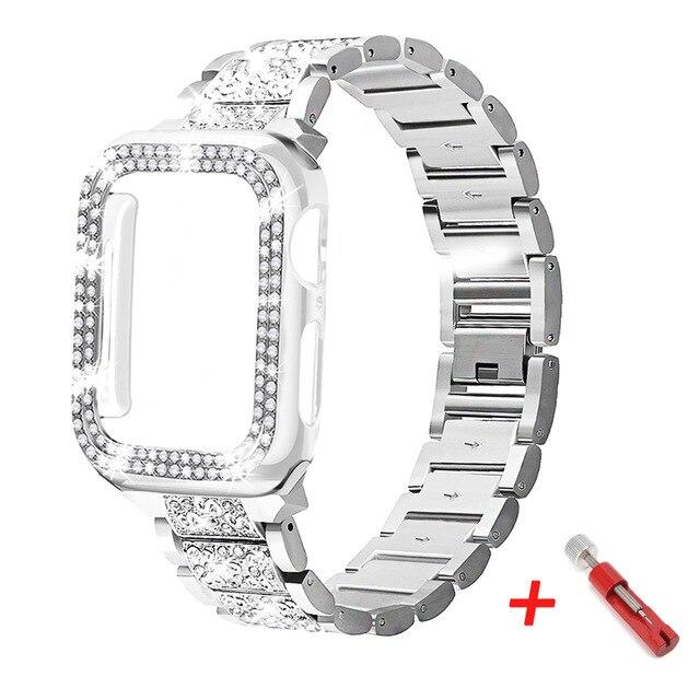 Watchbands silver 2 / 38mm Diamond Case+strap for iwatch band 42mm 38mm Stainless Steel bracelet correa apple watch 5 4 3 2 case+apple watch band 44mm 40mm|Watchbands|