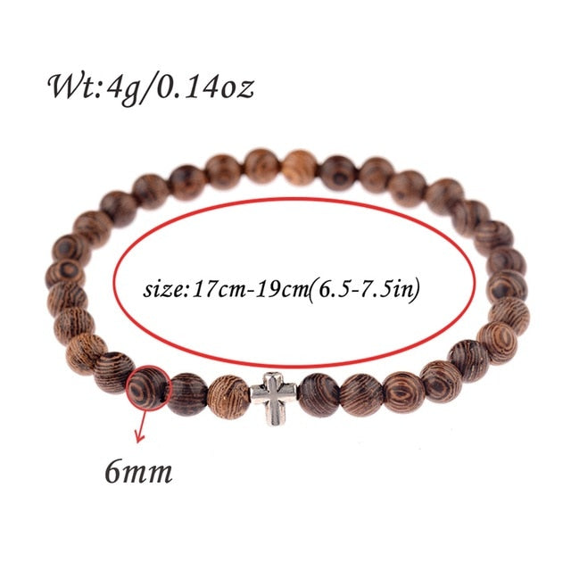 Natural Wood Bead Cross Bracelets Onyx Meditation Prayer for Men Women