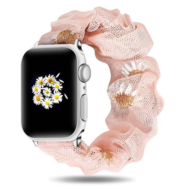Watchbands Pink daisy / 42mm/44mm New Summer Scrunchie Elastic Strap for Apple Watch 38 40 42 44mm Women Chiffon Band for Iwatch Series 5/4/3/2/1 Wrist Bracelet Watchbands