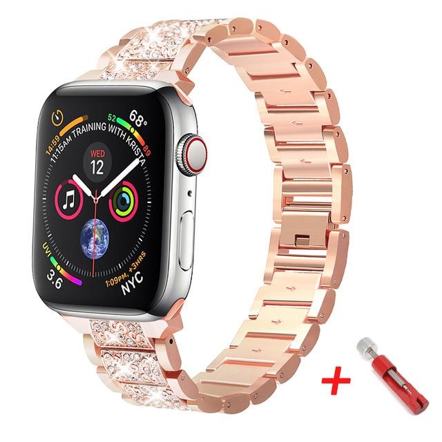 Watchbands rose gold 1 / 38mm Diamond Case+strap for iwatch band 42mm 38mm Stainless Steel bracelet correa case+for apple watch band series 5 4 3 44mm 40mm|Watchbands|