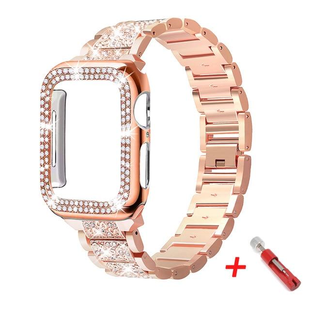 Watchbands rose gold 2 / 38mm Diamond Case+strap for iwatch band 42mm 38mm Stainless Steel bracelet correa apple watch 5 4 3 2 case+apple watch band 44mm 40mm|Watchbands|