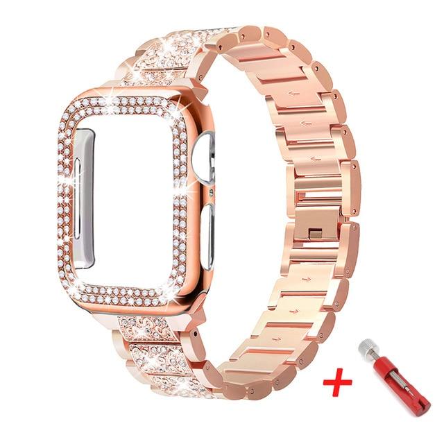 Watchbands Rose gold with case / 38mm Diamond Case+strap for iwatch band 42mm 38mm Stainless Steel bracelet correa case+for apple watch band series 5 4 3 44mm 40mm|Watchbands|