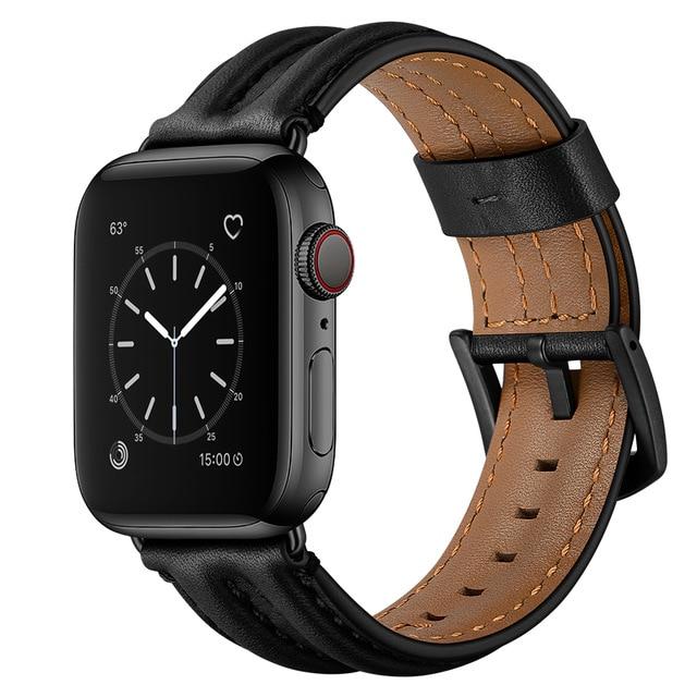 Watchbands Black / 38 or 40mm Double Keel Cowhide Leather Band Loop Strap for Apple Watch 5 4 3 2 1 38 40 42 44mm,for Iwatch 5 Bracelet|Watchbands|