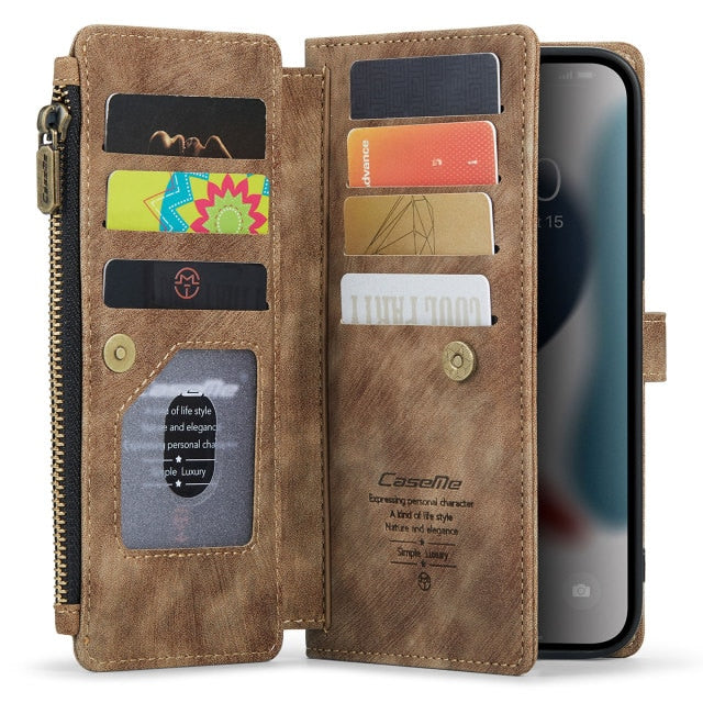 2021 CaseMe Leather Case For iPhone 11 12 13 Pro XR XS Max Zipper Wallet 2 In1 Design 7 8 SE 2020 Card Slots Phone Cover|Wallet Cases|