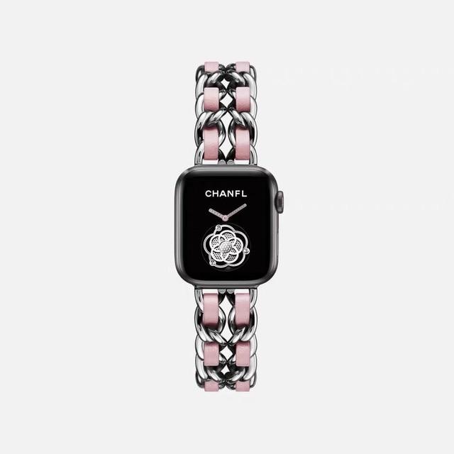 Watchbands Silver Pink / 38mm or 40mm Leather & Steel Bracelet For Apple Watch Band Series 6 5 4 Ladies Luxury Metal Strap iWatch 38mm 40mm 42mm 44mm Wristband |Watchbands|