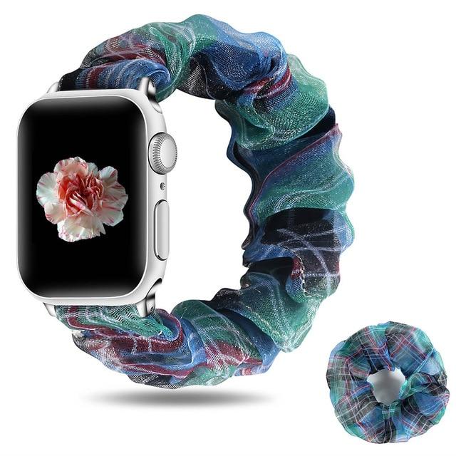 Watchbands BlueGrid with ring / 42mm/44mm New Summer Scrunchie Elastic Strap for Apple Watch 38 40 42 44mm Women Chiffon Band for Iwatch Series 5/4/3/2/1 Wrist Bracelet Watchbands
