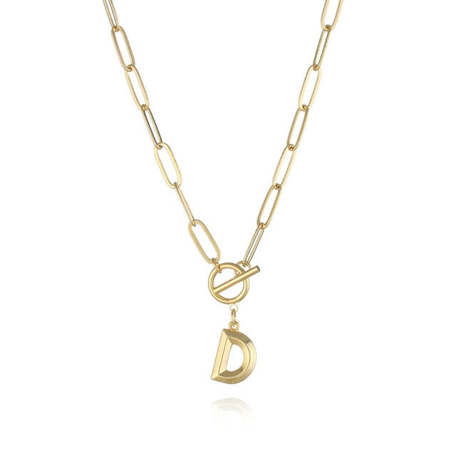 Initial Toggle Clasp Necklaces For Women Stainless Steel Gold Letter A Z Thick Chain OT Buckle Necklace Jewelry Gift|Pendant Necklaces|