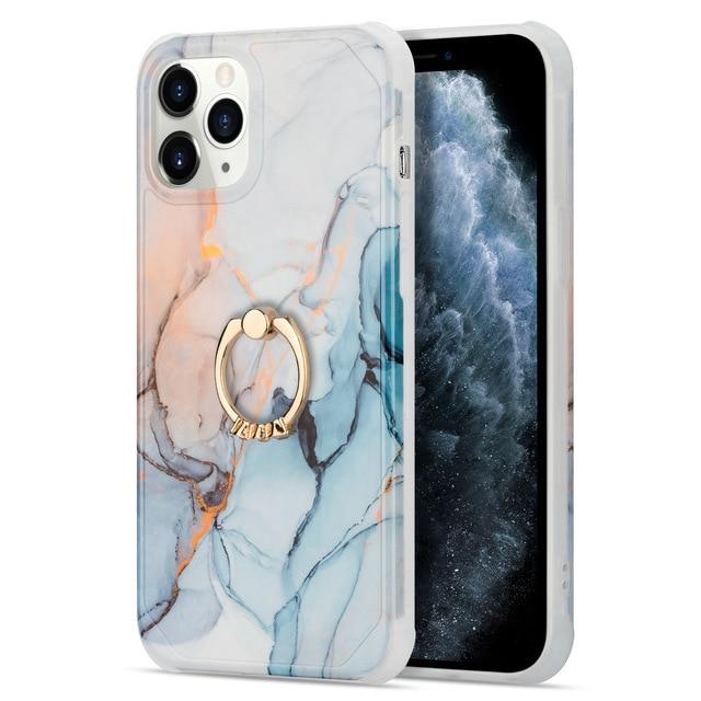 Fitted Cases Gold White / for iPhone X XS Marble Design Ring Holder Stand Case For iPhone 12 6.7" 6.1" 5.4" X XS XR 11 Pro Max Geometric Silicone Soft Shockproof Shell|Fitted Cases