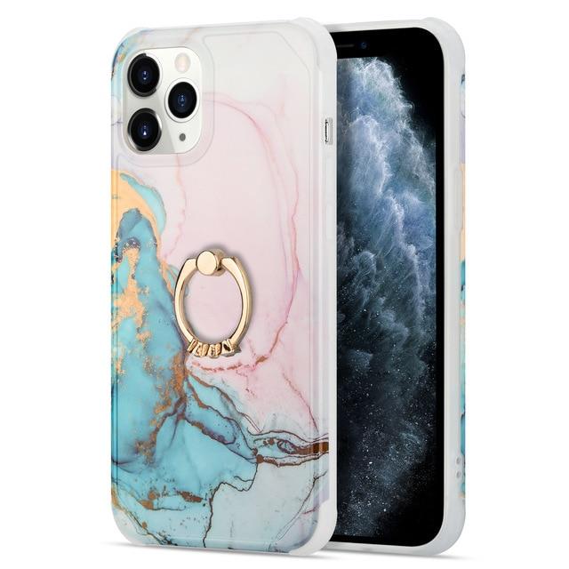 Fitted Cases Blue Pink / for iPhone X XS Marble Design Ring Holder Stand Case For iPhone 12 6.7" 6.1" 5.4" X XS XR 11 Pro Max Geometric Silicone Soft Shockproof Shell|Fitted Cases