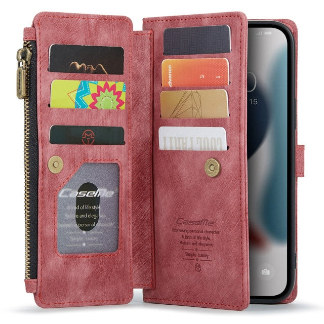 2021 CaseMe Leather Case For iPhone 11 12 13 Pro XR XS Max Zipper Wallet 2 In1 Design 7 8 SE 2020 Card Slots Phone Cover|Wallet Cases|