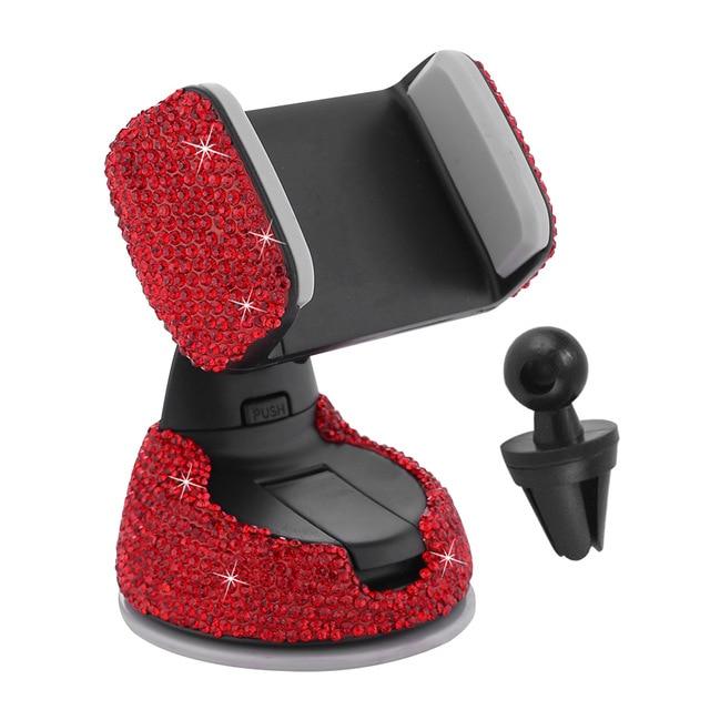 Universal Car Bracket Red 2 in 1 Rhinestone Car Phone Holder Stand Dashboard Suction Cup Mount Air Vent Clip Bracket Holder for Smartphone Mobile phones|Universal Car Bracket|