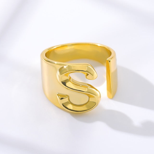 Initial A Z Letter Rings For Women Stainless Steel Gold Alphabet Name Adjustable Finger Ring Jewelry Gift Bijoux Femme Chunky|Rings|