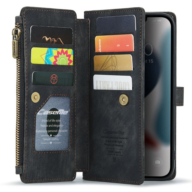 2021 CaseMe Leather Case For iPhone 11 12 13 Pro XR XS Max Zipper Wallet 2 In1 Design 7 8 SE 2020 Card Slots Phone Cover|Wallet Cases|