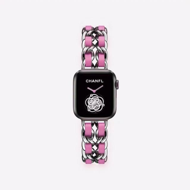 Watchbands Silver Rose Red / 38mm or 40mm Leather & Steel Bracelet For Apple Watch Band Series 6 5 4 Ladies Luxury Metal Strap iWatch 38mm 40mm 42mm 44mm Wristband |Watchbands|