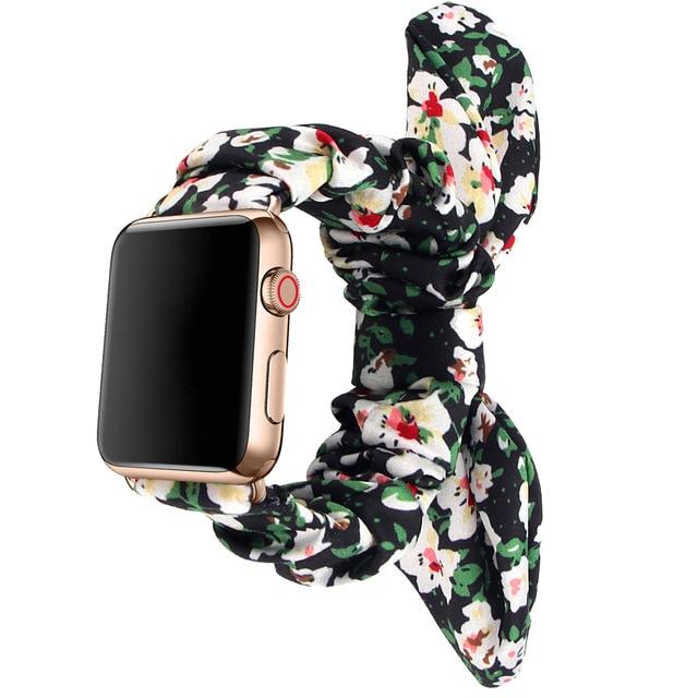 Watchbands green flower / 38mm /40mm Black red print Victorian Rose ribbon knot band, apple watch band elastic scrunchies straps 38 40 42 44 mm series 5 4 3