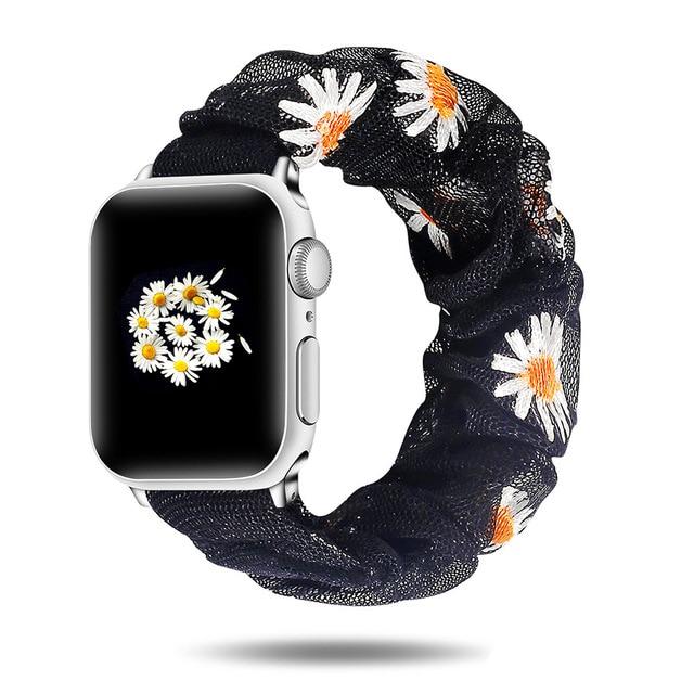 Watchbands Black daisy / 38mm/40mm Abstract art blue turqouise embroidered flowers on mesh chiffon breathable fabric, apple watch band straps 38 40 42 44 mm series 5 4 3 2 1