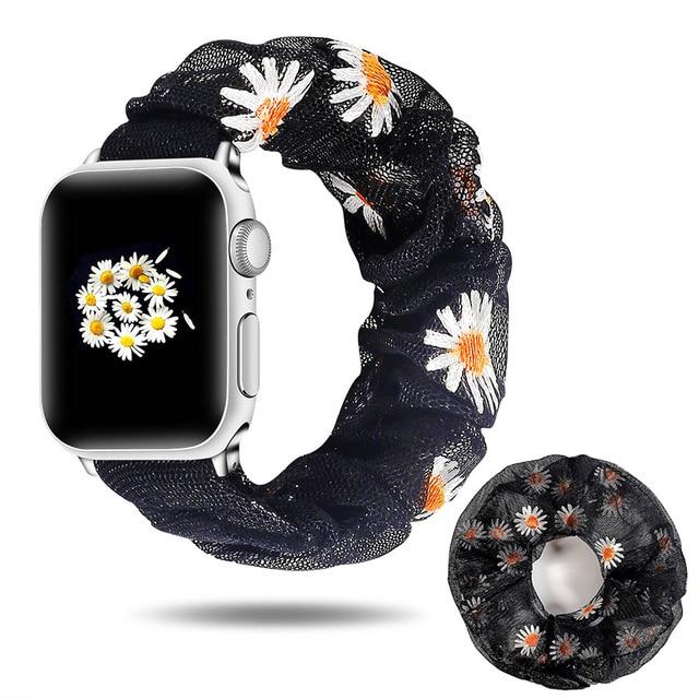 Watchbands Blacdaisy with ring / 38mm/40mm Abstract art blue turqouise embroidered flowers on mesh chiffon breathable fabric, apple watch band straps 38 40 42 44 mm series 5 4 3 2 1