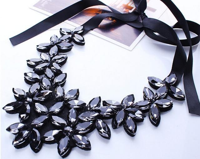 Pendant Necklaces Black Crystal Flower Pendant Necklace - Ribbon Choker Collar for Women