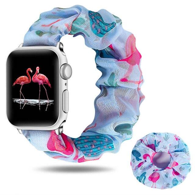 Watchbands Bluebird with ring / 42mm/44mm New Summer Chiffon breathable Scrunchie Elastic Strap for Apple Watch 38 40 42 44mm Women Chiffon Band for Iwatch Series 5/4/3/2/1 Wrist Bracelet Watchbands