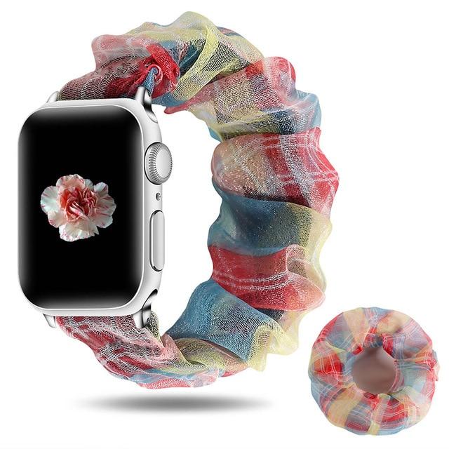 Watchbands ColorfulGrid ring / 38mm/40mm Abstract art blue turqouise embroidered flowers on mesh chiffon breathable fabric, apple watch band straps 38 40 42 44 mm series 5 4 3 2 1