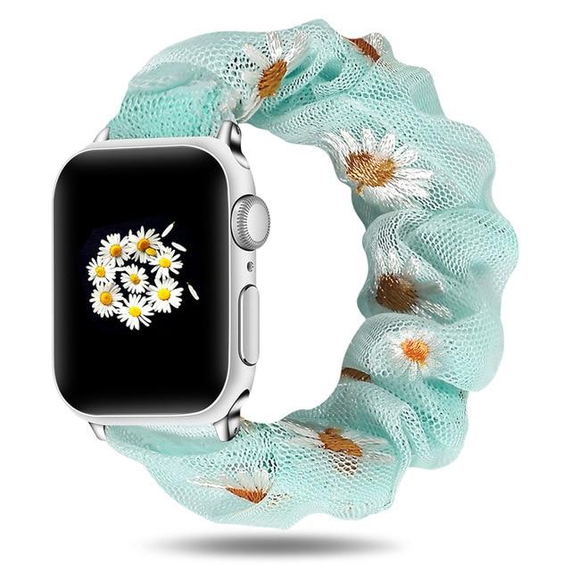 Watchbands Daisy Green / 42mm/44mm New Summer Chiffon breathable Scrunchie Elastic Strap for Apple Watch 38 40 42 44mm Women Chiffon Band for Iwatch Series 5/4/3/2/1 Wrist Bracelet Watchbands