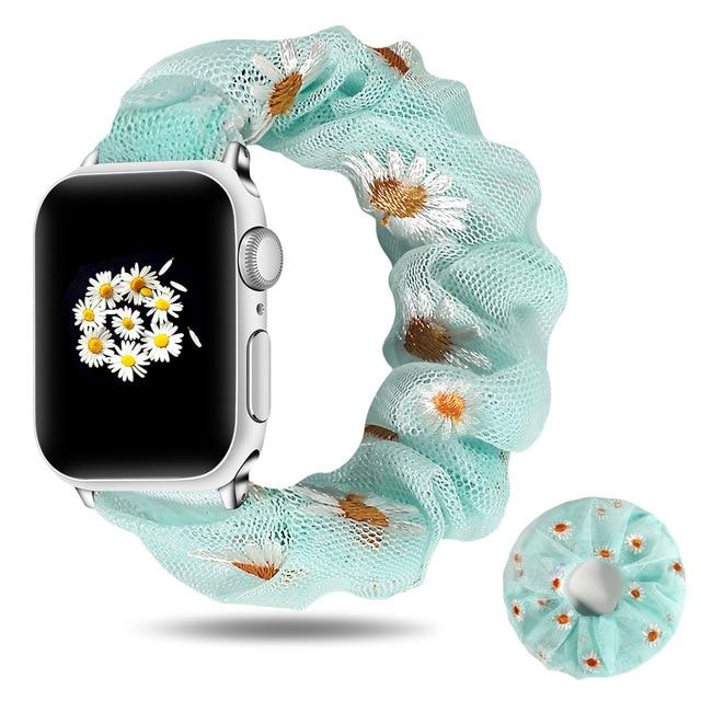 Watchbands Greendaisy with ring / 42mm/44mm New Summer Chiffon breathable Scrunchie Elastic Strap for Apple Watch 38 40 42 44mm Women Chiffon Band for Iwatch Series 5/4/3/2/1 Wrist Bracelet Watchbands