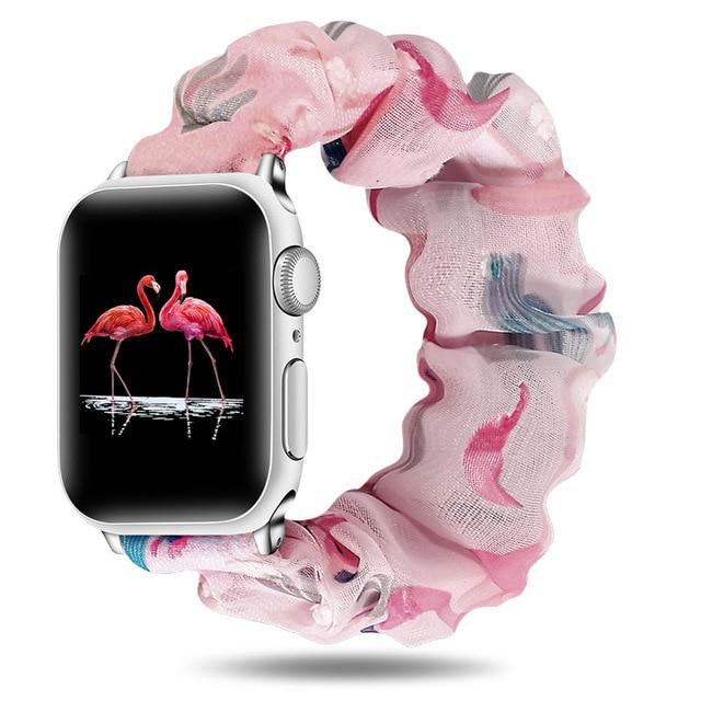 Watchbands Pink bird / 42mm/44mm New Summer Chiffon breathable Scrunchie Elastic Strap for Apple Watch 38 40 42 44mm Women Chiffon Band for Iwatch Series 5/4/3/2/1 Wrist Bracelet Watchbands