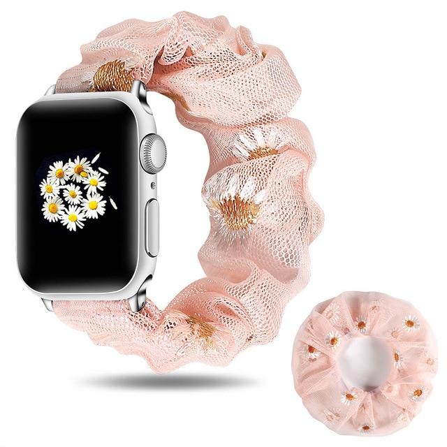 Watchbands Pinkdaisy with ring / 38mm/40mm Pink white daisy embroidered flowers on mesh chiffon breathable fabric, apple watch band straps 38 40 42 44 mm series 5 4 3 2 1