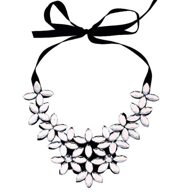 Pendant Necklaces White Crystal Flower Pendant Necklace - Ribbon Choker Collar for Women