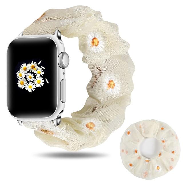 Watchbands Whitedaisy with ring / 42mm/44mm New Summer Chiffon breathable Scrunchie Elastic Strap for Apple Watch 38 40 42 44mm Women Chiffon Band for Iwatch Series 5/4/3/2/1 Wrist Bracelet Watchbands