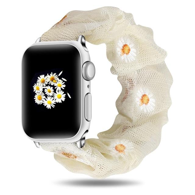 Watchbands Yellow daisy / 38mm/40mm Black yoga daisy flowers embroidered flowers on mesh chiffon breathable fabric, apple watch band straps 38 40 42 44 mm series 5 4 3 2 1