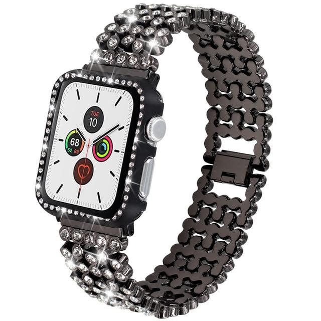 Watchbands black / 38mm Luxury Diamond Case+Stainless Steel Strap for Apple Watch Band 38mm 42mm 40mm 44mm Women Bracelet iWatch Series SE 6 5 4 3 2 1|Watchbands|