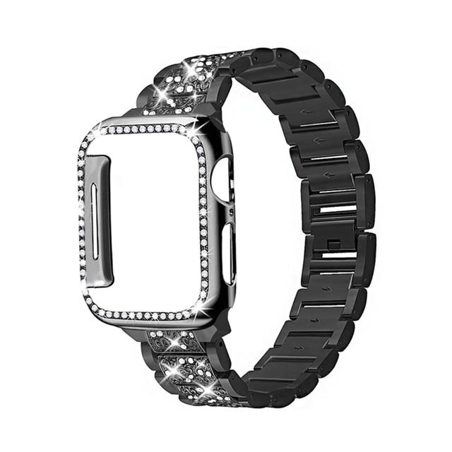 Watchbands black / 38mm Diamond Case+strap for apple watch band 44mm 40mm Stainless Steel bracelet correa case+iwatch band 42mm 38mm 5 4 3 2 44 42 40mm|Watchbands|