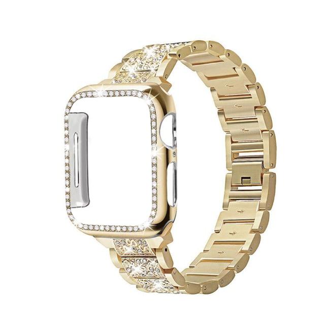 Watchbands gold / 38mm Diamond Case+strap for apple watch band 44mm 40mm Stainless Steel bracelet correa case+iwatch band 42mm 38mm 5 4 3 2 44 42 40mm|Watchbands|